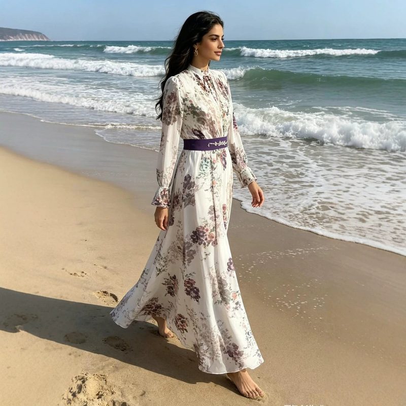 Cross-Border New Foreign Trade Turkish-Pakistani Crinkled Printed Long-Sleeve Long Fashion Dress for Women