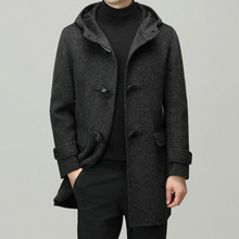 牛角扣双面尼男士大衣秋冬新款中年时尚休闲连帽羊毛毛呢风衣外套