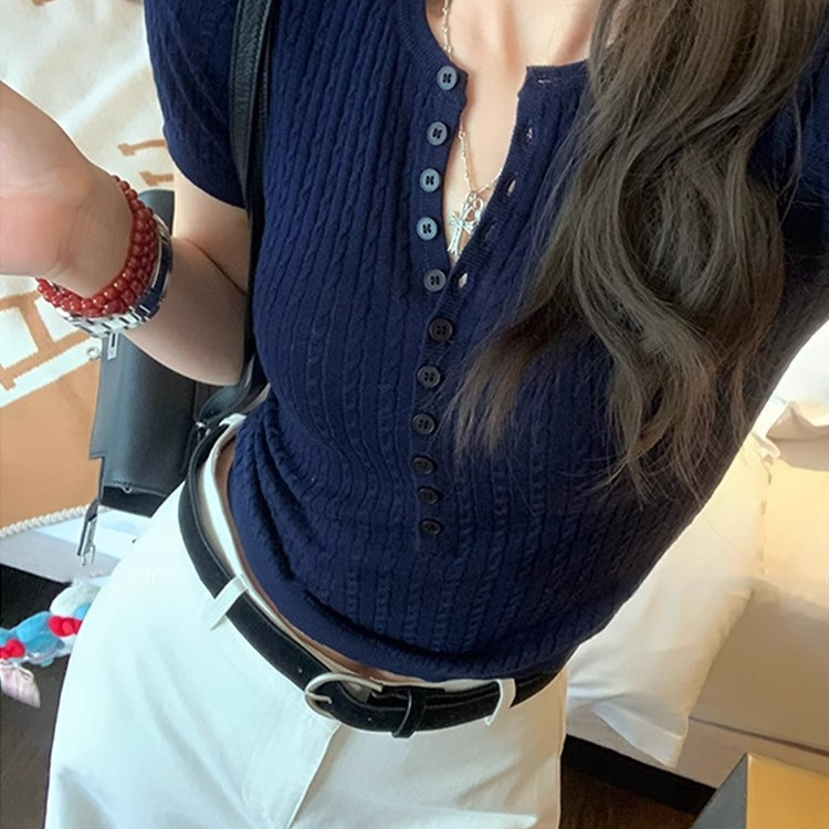 Mukok Nice Weekend Navy Blue V-Neck Short-Sleeved Knitwear Women's Thin Summer New Slim Fit T-Shirt
