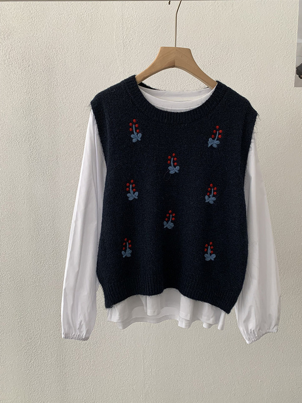 衣长55胸围50 羊驼绒针织毛衣马甲上衣花卉绣花精品时尚套头衫|undefined