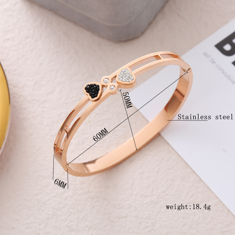 1 Piece Quantity Ins Style Simple Style Heart Shape Stainless Steel Plating Inlay Rhinestones 18k Gold Plated Bangle