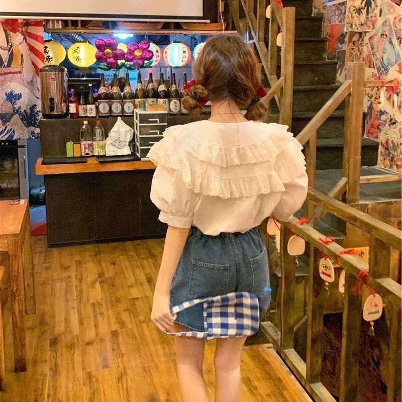 Sweet Double Layer Doll Design Ear Lace Stitching Short Sleeve Top Summer Bubble Loose White Shirt Shirt