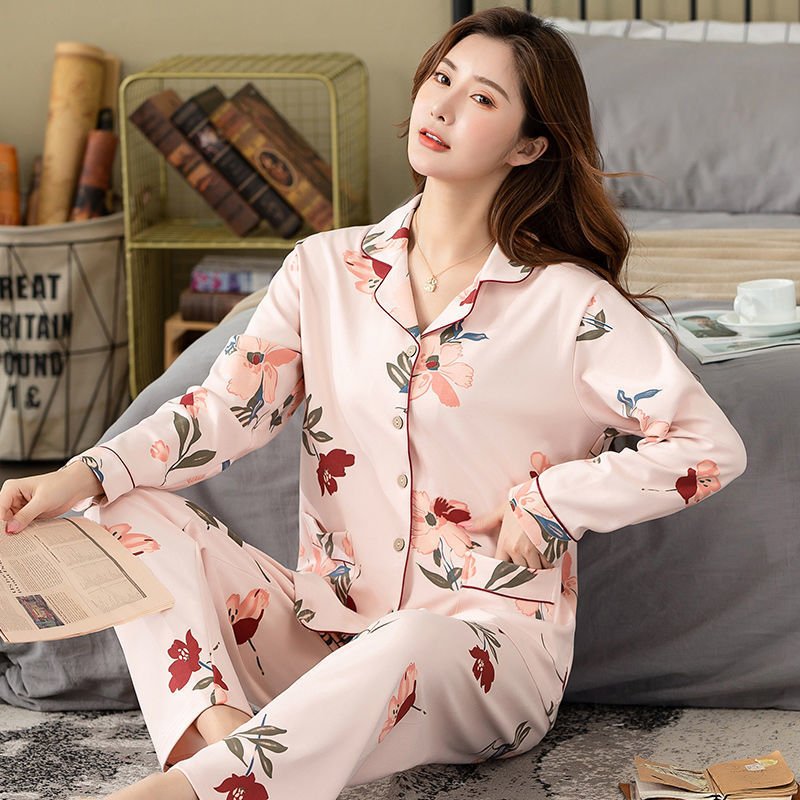 Pijamas de algodón 100% de manga larga para mujeres de mediana edad y de edad avanzada La primavera y el otoño se pueden usar fuera de las mujeres de mediana edad sueltan el traje de uso doméstico