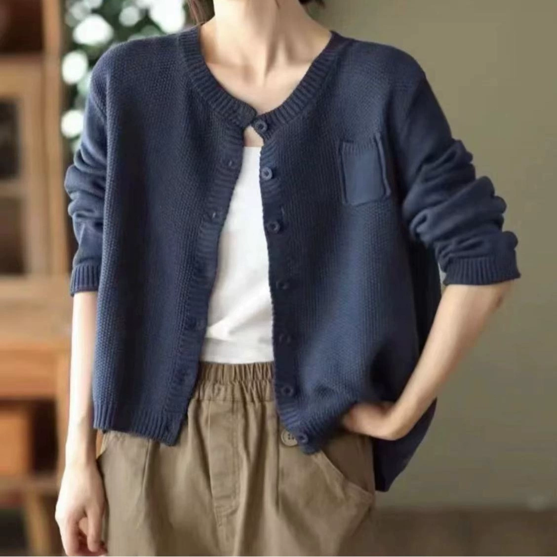 2024 новый модный дикий ретро кардиган свитер с круглым вырезом однобортный женский вязаный пальто с длинными рукавами
