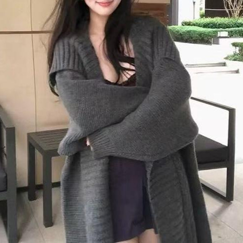 大翻领灰色斗篷大衣女秋冬新款设计感慵懒风长款披肩毛衣开衫外套|undefined