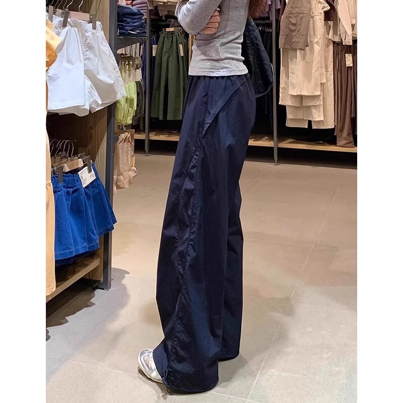 Navy Blue Quick-Drying Cargo Pants for Women Summer Thin American Loose Straight Wide-Leg Pants for Small People Casual Sports Pants