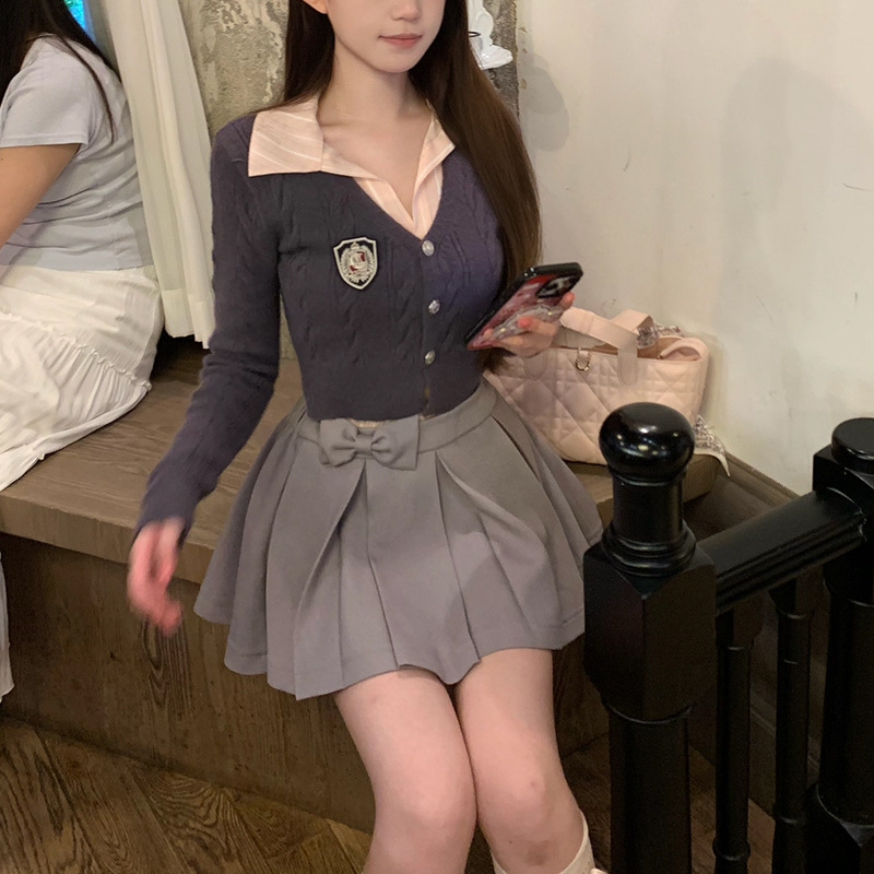 减龄少女小个子尖子生~甜妹刺绣学院风套装上衣+百褶半裙针织套装|undefined