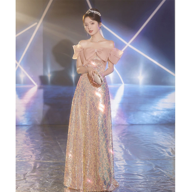 Вечернее платье для женщин 2025: новая модель, с открытыми плечами, в стиле легкой роскоши, нишевое, розовое, для дня рождения, выпускного, торжества по случаю совершения 18 лет, экзаменов, с пайетками