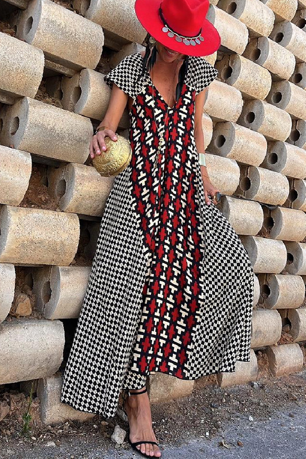 Women's Swing Dress Simple Style V Neck Backless Short Sleeve Geometric Color Block Maxi Long Dress Holiday Daily display picture 4