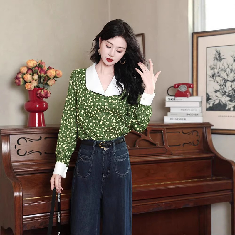 Neon Vibes~Hong Kong Style Retro Spring and Autumn Large Lapel Color-Blocked Polka Dot Work Casual Loose Long-Sleeved Women's Shirt