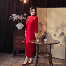 2025冬款新款圆襟加绒大红色旗袍新款改良长款花边礼旗袍裙修身裙