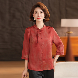 Middle-Aged and Elderly Women's Spring and Summer 2025 New Fashion Small Shirt T-Shirt Mom's National Style Foreign Style Noble Loose Top