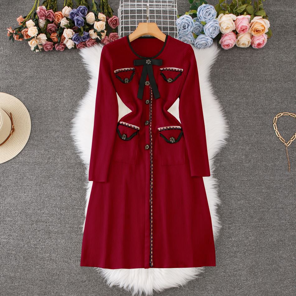 Bow-Knot Long Sleeve Knit Dress - Slim Fit Bodycon Sweater Dress For Autumn/Winter (Black/Red/Beige, S/M/L/Xl)_ecoleips.com