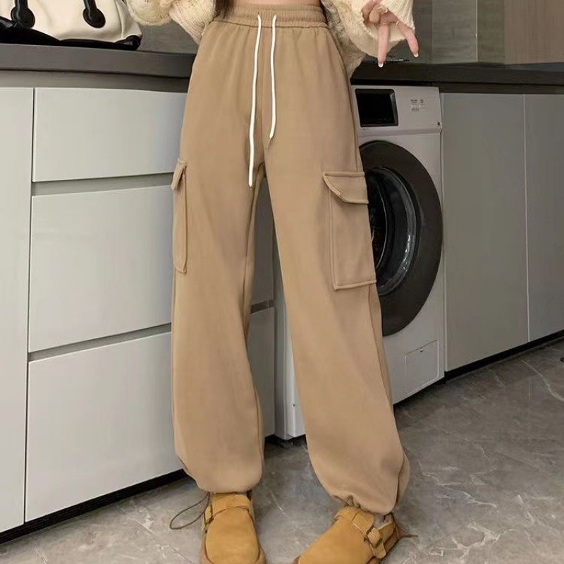 Pantalones cargo casuales de cintura alta para mujer, nuevo estilo de otoño, estilo retro americano, largos hasta el suelo, pantalones anchos de pierna recta que estilizan.