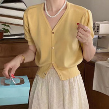 復古V領泡泡袖設計短袖 夏季新款清新糖果色溫柔風針織開衫女6546