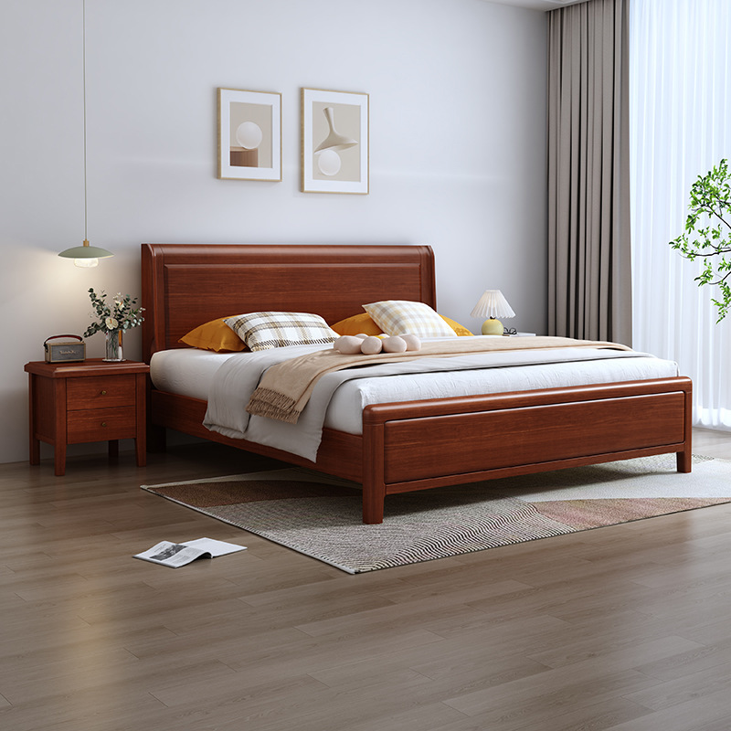 櫸木全實木床簡約現代1.8m雙人床高箱儲物床中式小戶型主臥婚床