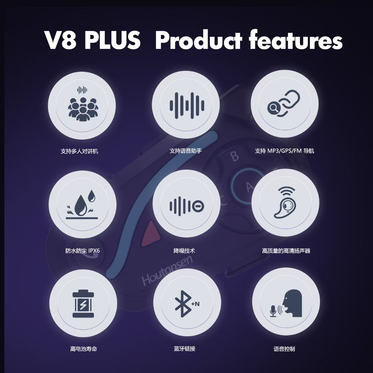 V8Plus Helmet Bluetooth Intercom Headset 1-to-7 Bluetooth Intercom Headset 2500m Real-Time Intercom for Cycling and Skiing