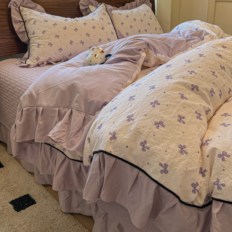 Nordic French Vintage Boho Autumn Winter French Retro A-class Washed Cotton Quilted Cover Four-piece Set With Ruffled Edges, Duvet Cover, Bed_voghion.com