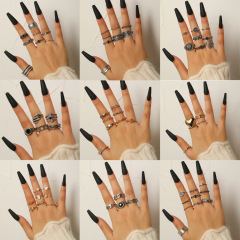 跨境復古多件套幾何金屬鑲鑽愛心戒指民族風鏤空松石關節戒指環女