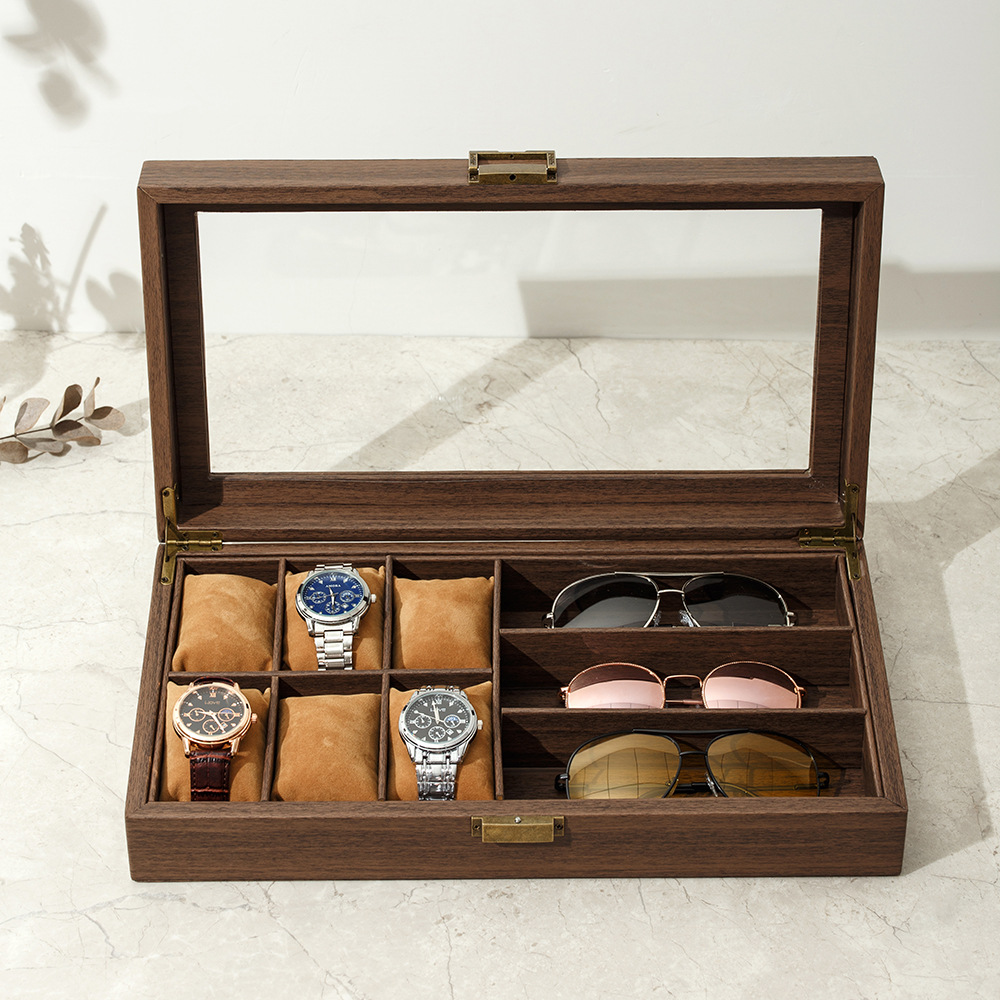 Sunglasses Storage Box 6+3 Wood Grain Leather Mechanical Watch Watch Box Glasses Box Men's Wholesale Large Capacity Display Box