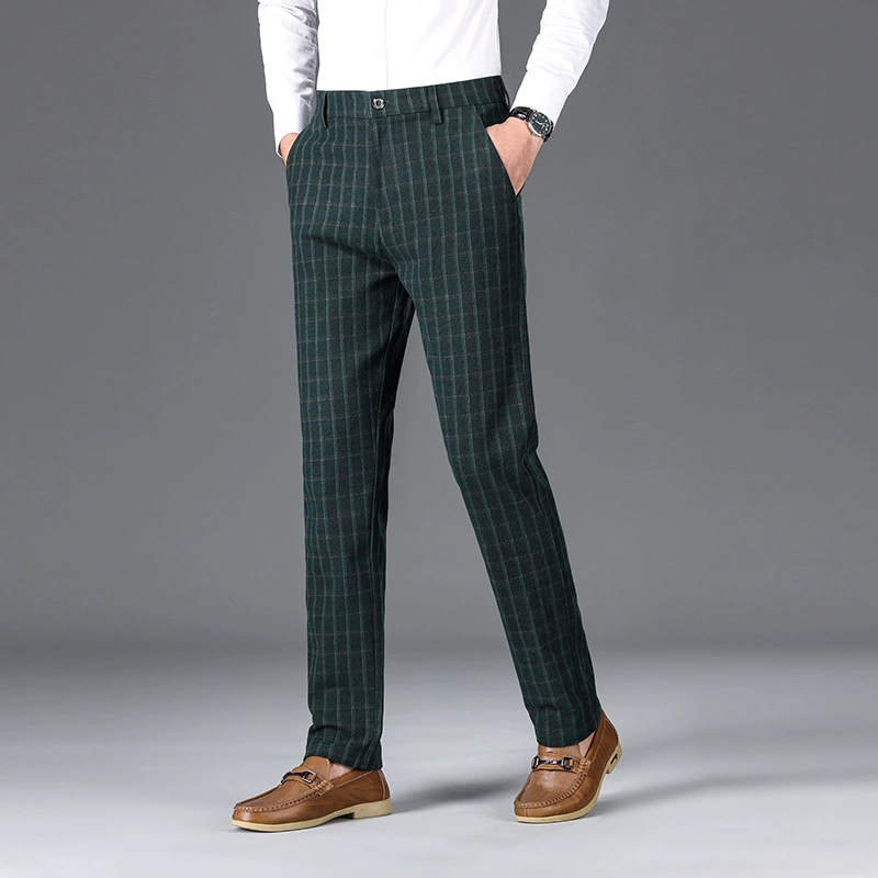 Толстые классические брюки в клетку для мужчин, новый стиль осени и зимы 2024 года, повседневные деловые брюки средней толщины, свободные прямые брюки для мужчин молодого и среднего возраста.