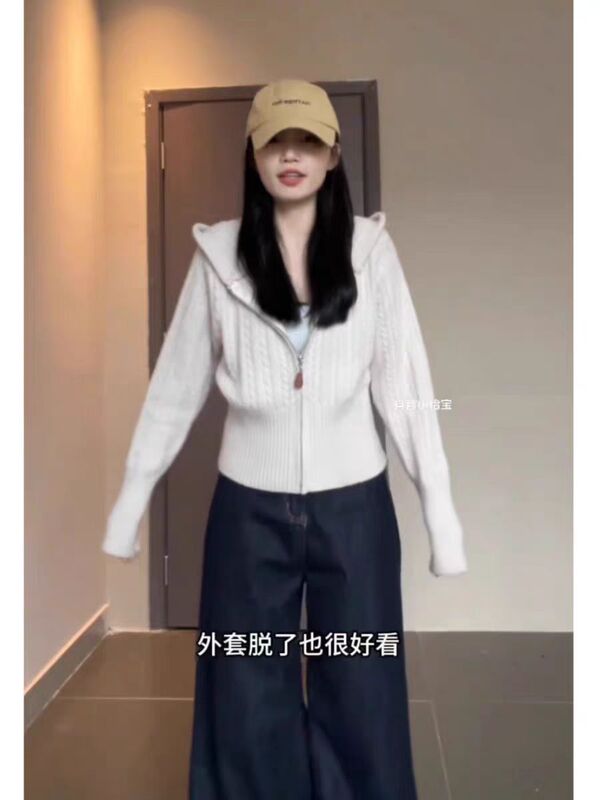 優しい風の麻の花の帽子のニットのカーディガンの女性の秋冬の韓系の怠惰なファスナーのセーターのコートは腰の短い上着を収めます。|undefined
