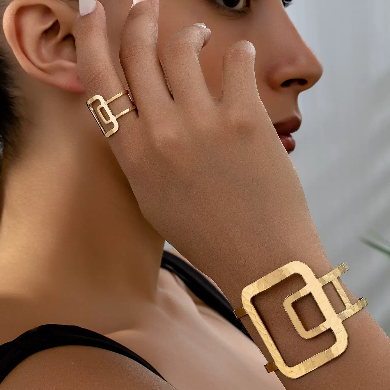 欧美跨境方形镂空拼接开口戒指手镯时尚潮流手环夸张感手饰女