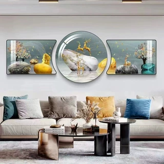 福鹿山水轻奢客厅装饰画高级感大气三联画新款沙发背景墙挂画中式