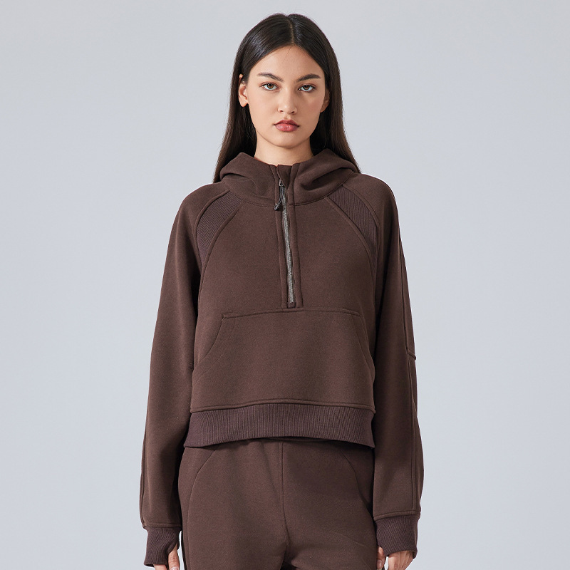 2025 otoño y invierno de vello a prueba de viento con capuchón suéter deportivo casual de mujer chaqueta corta con media cremallera chaqueta de yoga
