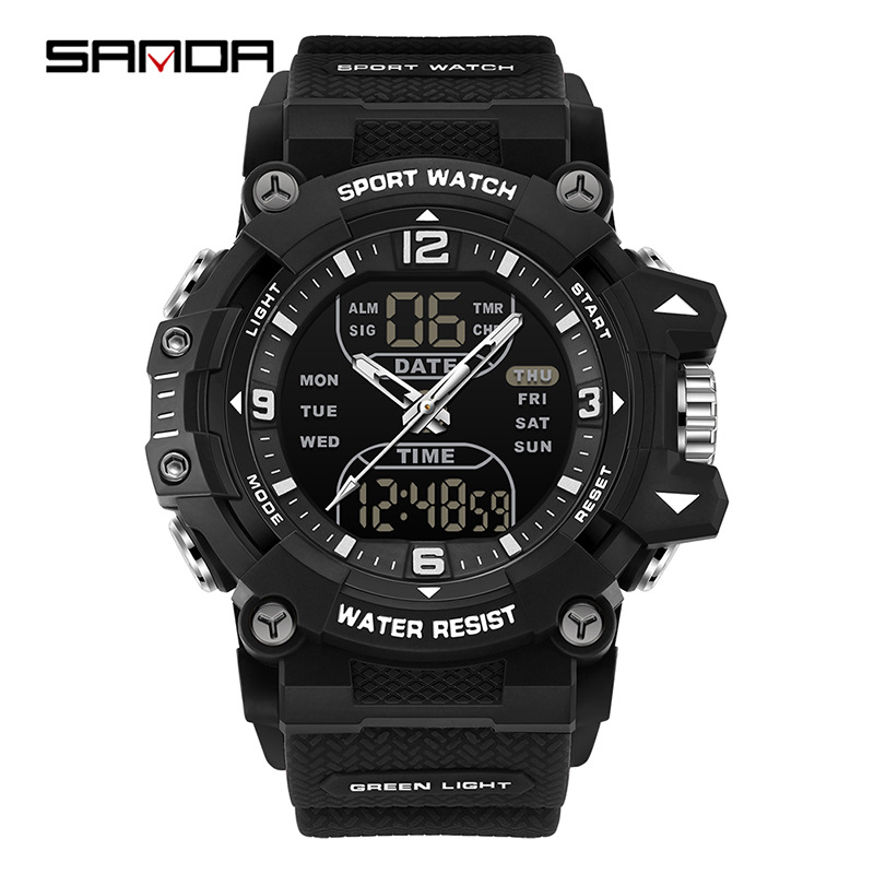 SANAD Sanda Dual Display Deportivo Estudiante Multifuncional Luz Nocturna Tres Destinados Reloj de pulsera Reloj electrónico de segmento impermeable
