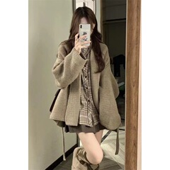 美拉德慵懒风毛衣外套开衫秋冬新款宽松外穿加厚系带针织衫女上衣