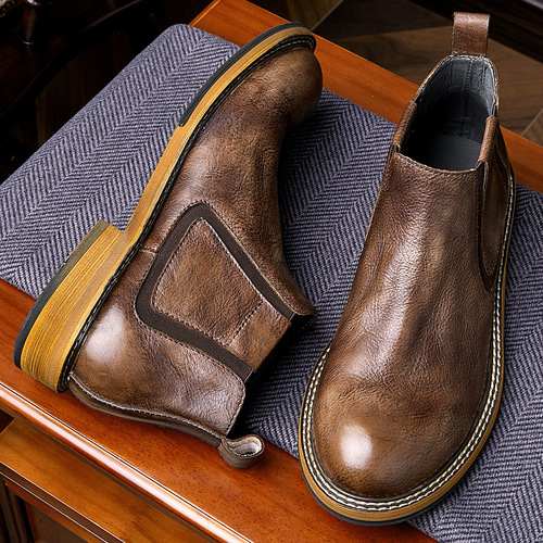 Autumn Chelsea Boots for Men: Genuine Leather Slip-On High-Top Shoes, British Retro Style Boots, Men's Martin Boots, Cowhide Leather Boots