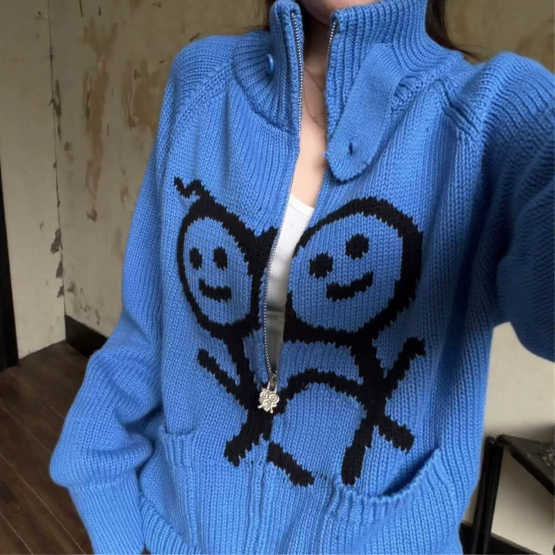 High-quality stick-figure knit cardigan, loose-fitting, versatile, with a stand-up collar, perfect for a relaxed, casual, and work-appropriate look. Available for drop shipping