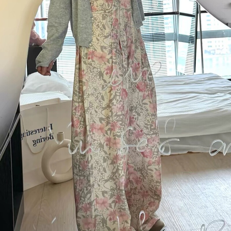 Korean-Style Retro Washed Floral Print Wide-Leg Jeans for Women, Summer Lazy Loose Fit, Slimming Versatile Floor-Length Pants