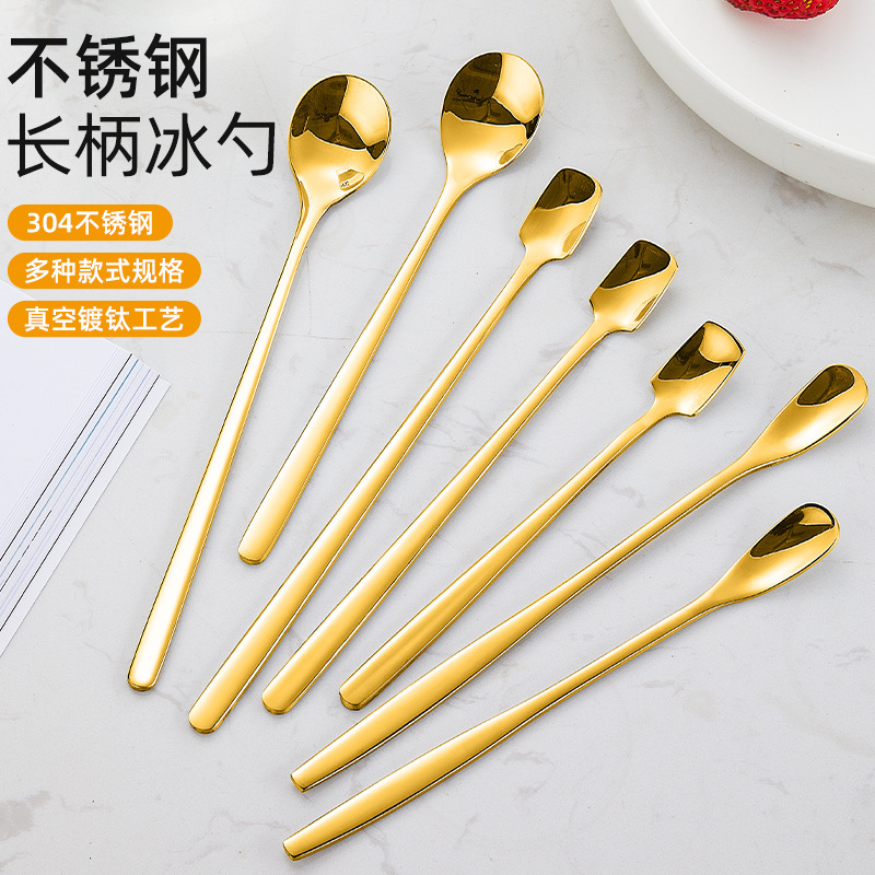 304 spoon stainless steel wholesale household High-looking ice cream small round honey long handle stirring dessert coffee spoon