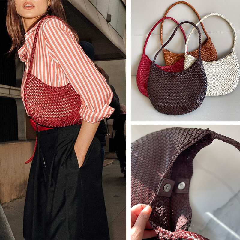Dragon 8020 French-Style Basket-Shaped Handbag Made of Top-Layer Cowhide, Purely Hand-Woven, Single Shoulder Underarm Handbag for Women