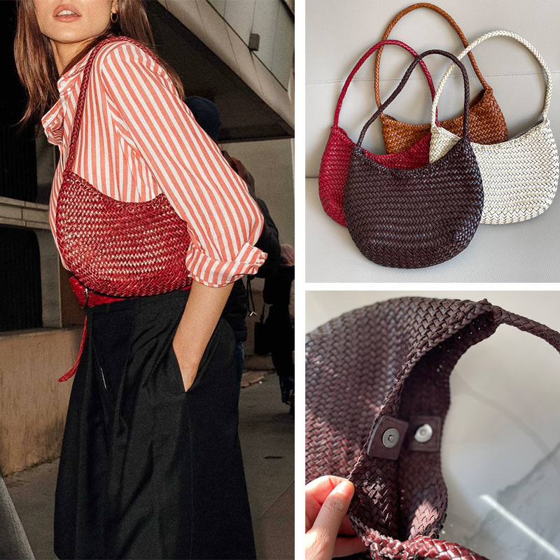 Dragon 8020 French-Style Basket-Shaped Handbag Made of Top-Layer Cowhide, Purely Hand-Woven, Single Shoulder Underarm Handbag for Women