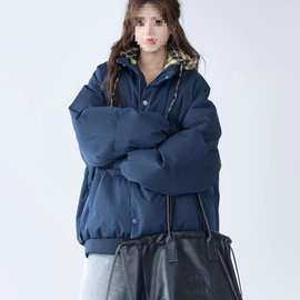 重磅加厚保暖宽松棉衣小众冬格纹拼接情侣百搭外套美式潮牌面包服