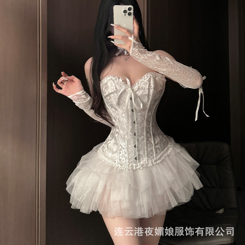 Sexy Lingerie, Sexy Waistcoat, Corset, Slim Fit Pure Lust Lace Corset with Tutu Skirt Uniform Suit for Women