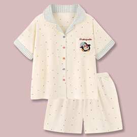 波点奶鹅女童睡衣两件套夏款卡通时尚短袖短裤可爱宽松家居服套装
