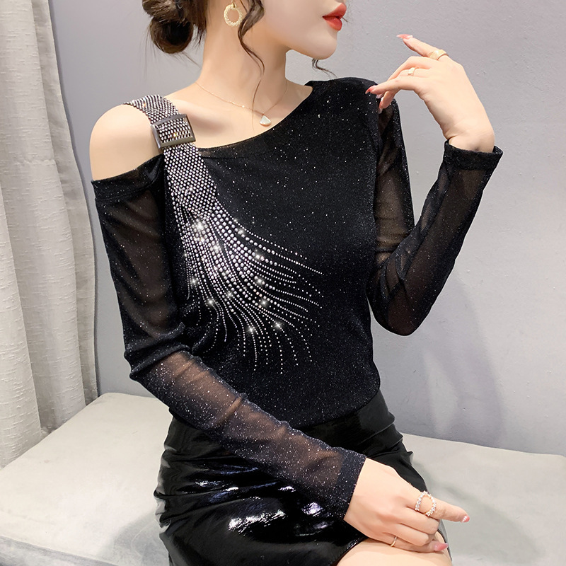 Real Shot 2022 Spring New Slim-fit Slimming Design Sense Off-shoulder Hot Drilling Fashion Mesh Silver Long-sleeved Shirt for Women Real Shot 2022 Spring New Slim-fit Slimming Design Sense Off-shoulder Hot Drilling Fashion Mesh Silver Long-sleeved Shirt for Women