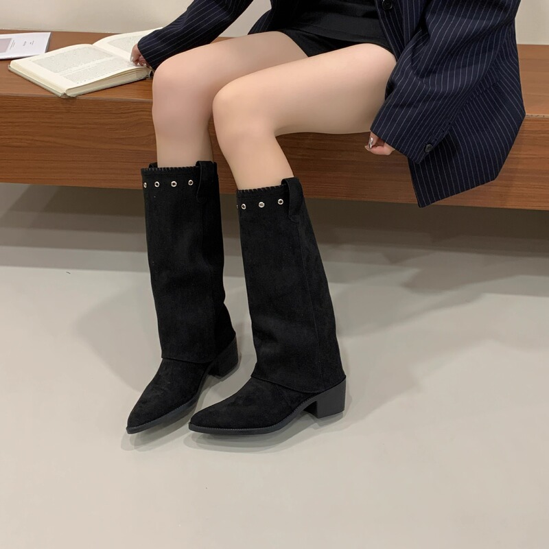 棕色美拉德绒面高跟尖头长筒骑士靴女靴子2025秋冬季西部瘦瘦长靴|undefined