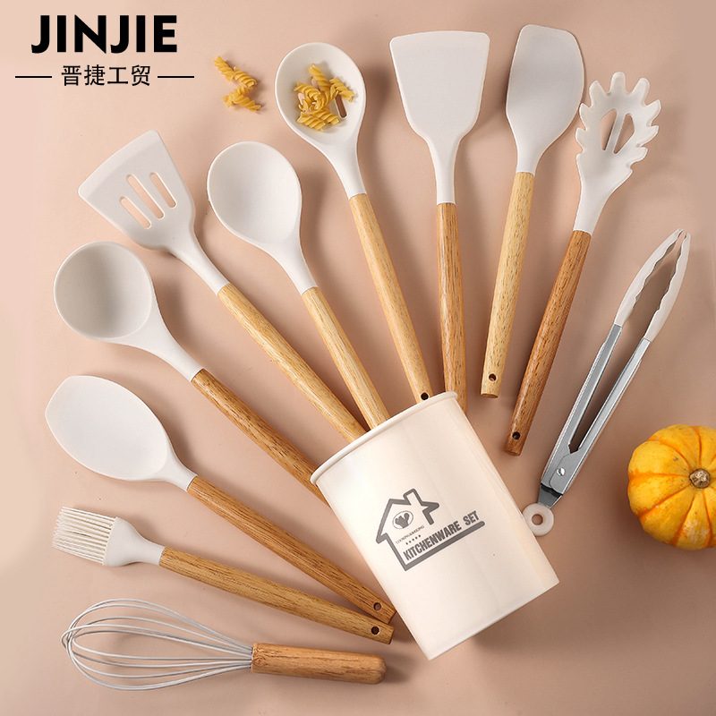 Cross-border multi-color silicone wood-handled kitchenware set non-stick spatula spoon cooking utensil full set heat-resistant 12-piece set