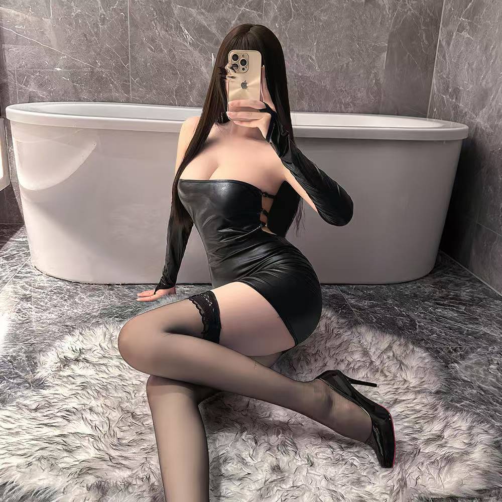 Strapless Patent Leather Jumpsuit Costume with Arm Sleeves, One Size — detail image 6