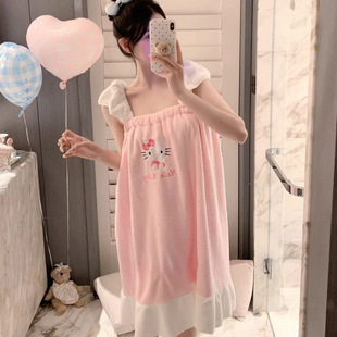 Cute Hellokitty Suspender Bath Skirt Wearable Tube Top Absorbent Towel Embroidered Shoulders Princess Style Bath Robe