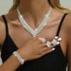 Fashionable silver accessory for bride, elastic necklace and bracelet, ring, set, dress, European style