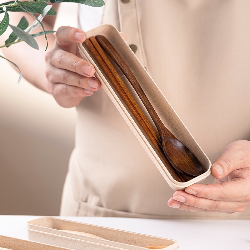 Wooden Chopsticks Set for Office Workers, Single-Person Portable Tableware, Student Storage Box, Two-Piece Set, Nanmu Beech Wood