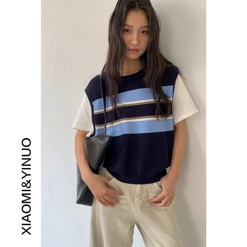 [Oufan] Korean stitching short sleeve fake two-piece sweater women's 2025 new spring temperament short jacket 2770