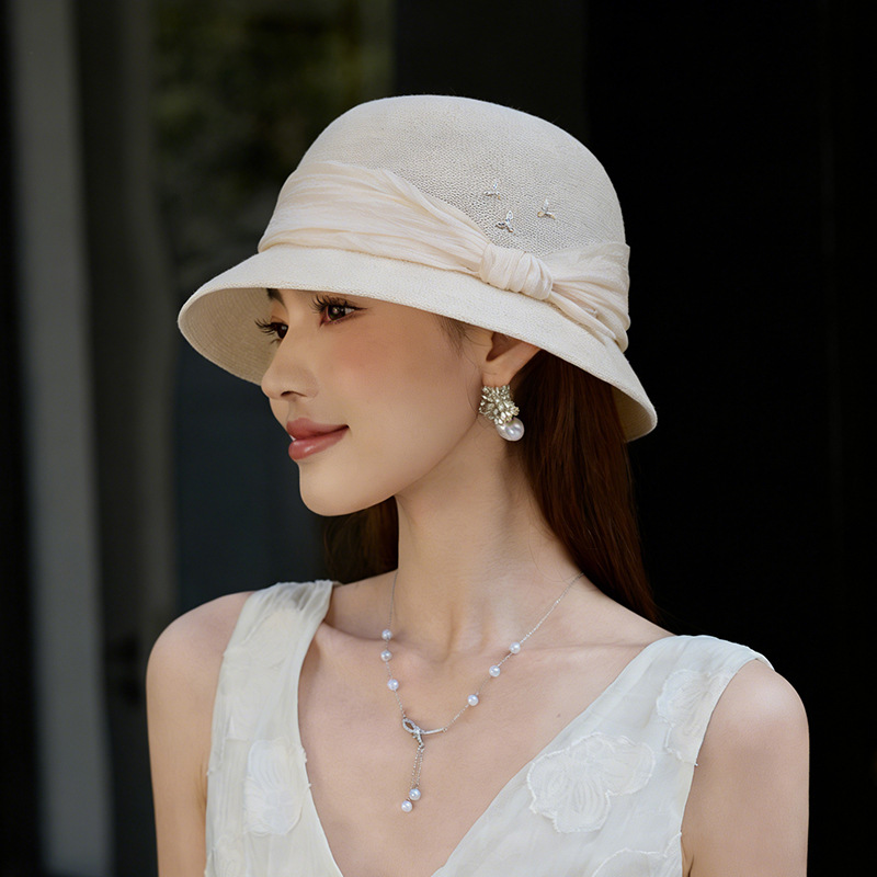 2026 New Summer Sun Hat For Women Breathable Wide Brim Bucket Hat Luxury Ribbon Bow Fisherman Hat - Thumbnail 4