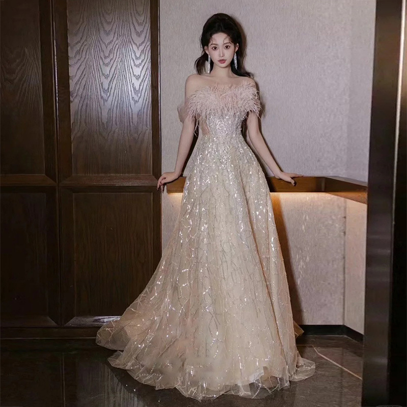 Engagement Evening Dress Women's off-shoulder High-end Light Luxury Niche Adult Ceremony Graduation French Feather Toast Dress Morning Gown